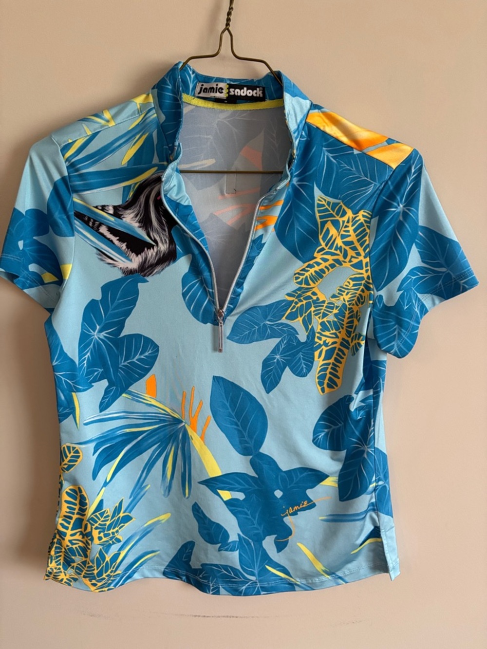 jamie sadock Blue Teal Floral Print Sport Top with Yellow Accents